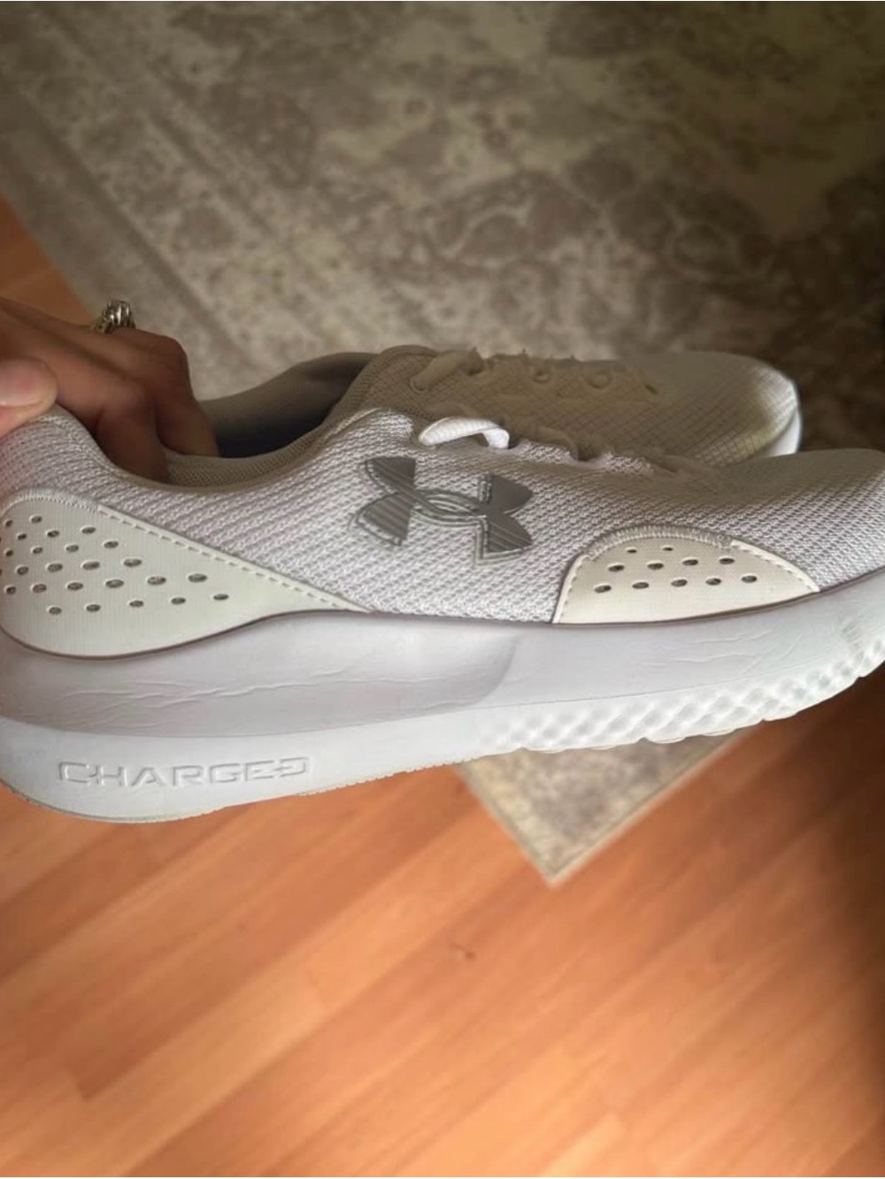 Under Armour Women’s White and Silver Charged Athletic Sneakers